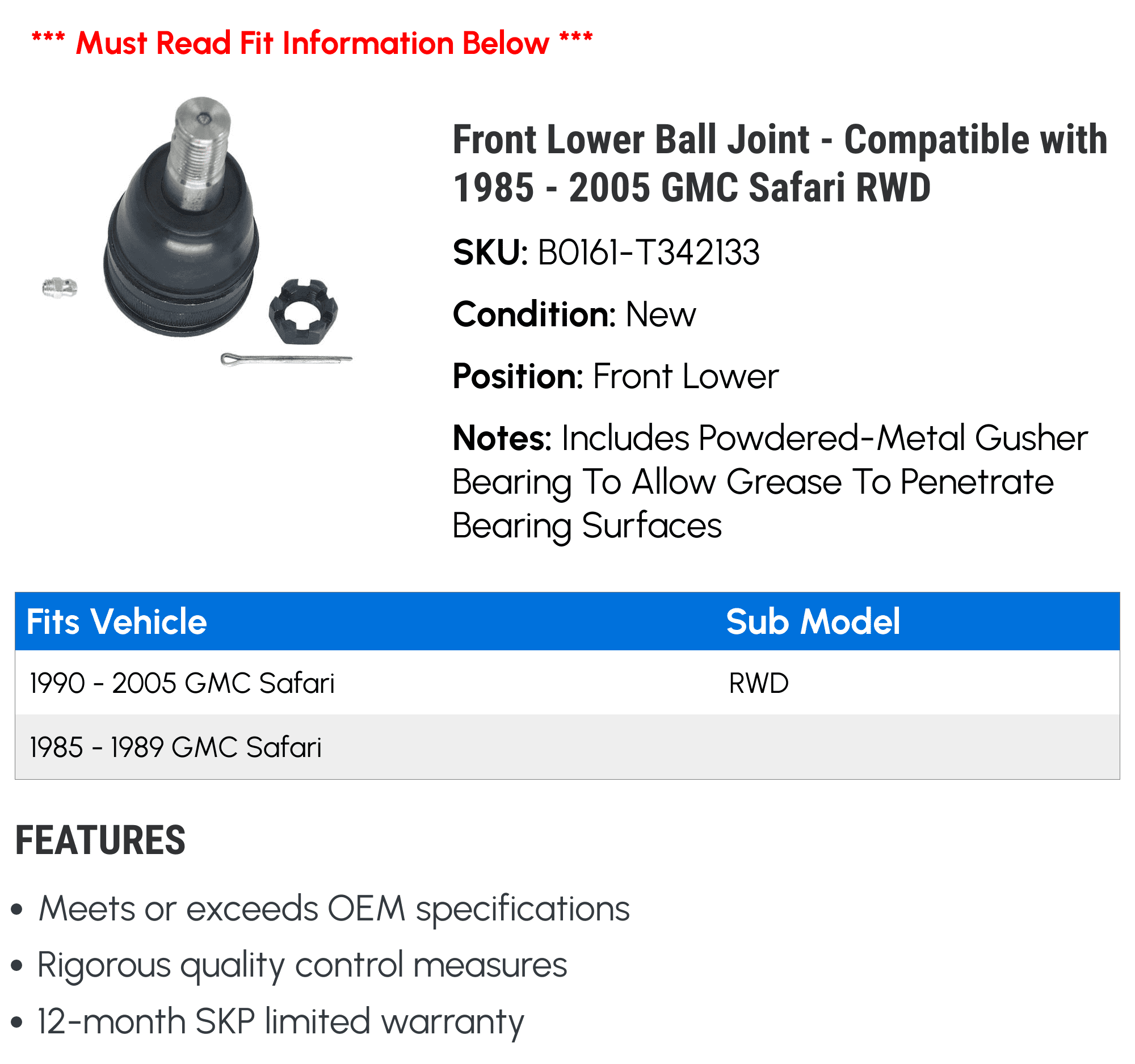 Front Lower Ball Joint - Compatible with 1985 - 2005 GMC Safari RWD 1986 1987 1988 1989 1990 1991 1992 1993 1994 1995 1996 1997 1998 1999 2000 2001 2002 2003 2004