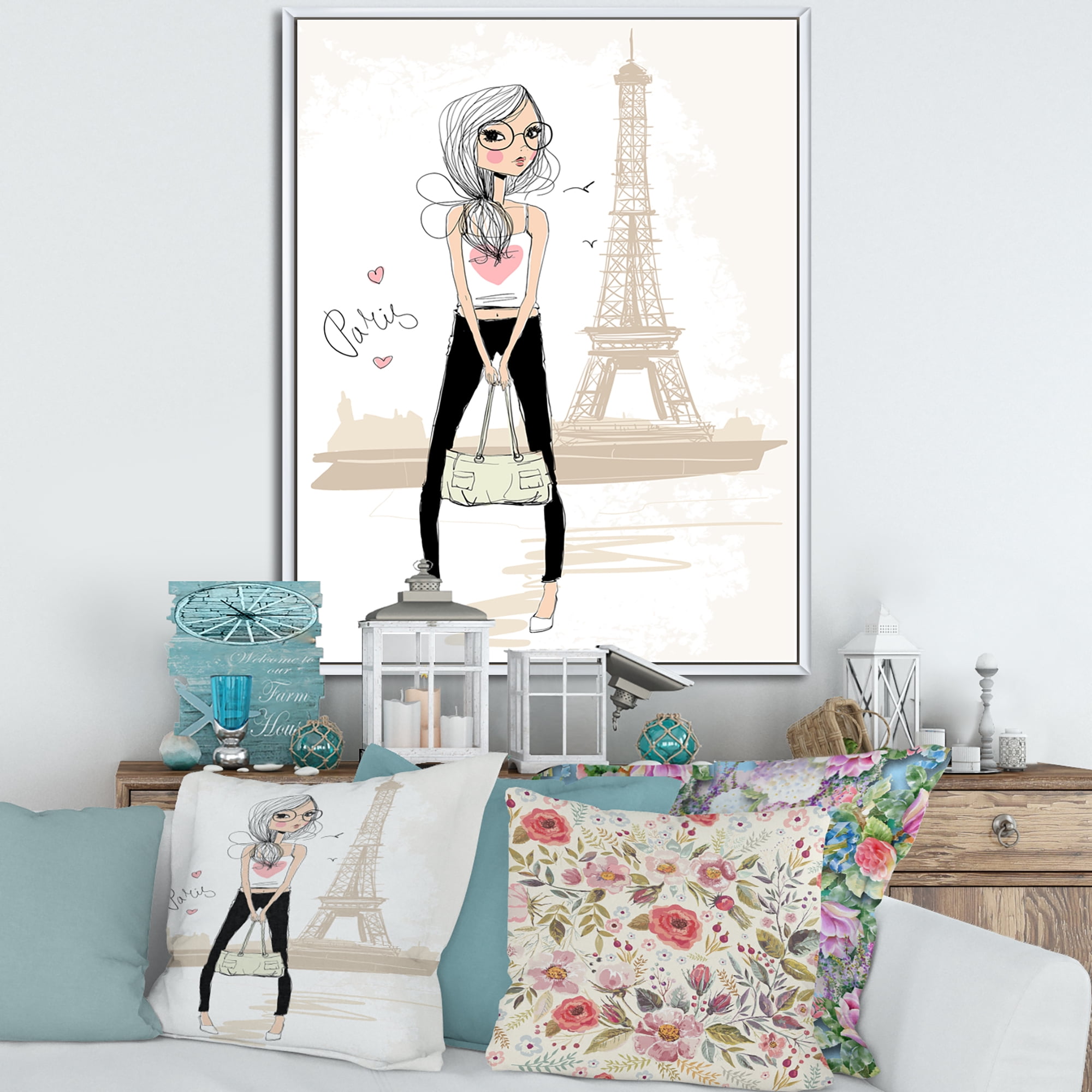 Designart 'Cute Girl By The Tour Paris Eiffel Tower' Children's Art Framed Canvas Wall Art Print