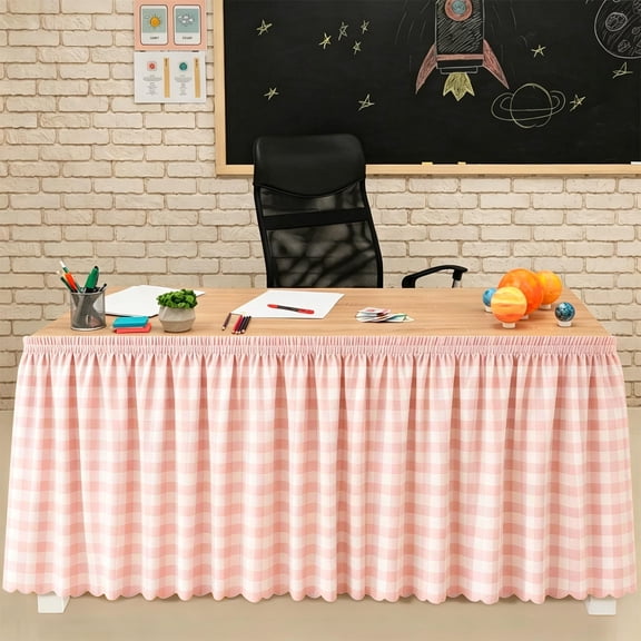 MudFree Teacher Desk Skirt 9 ft Pink Striped Tablecloth, Table Skirt for Office Classroom Home Party Decor Table Cover