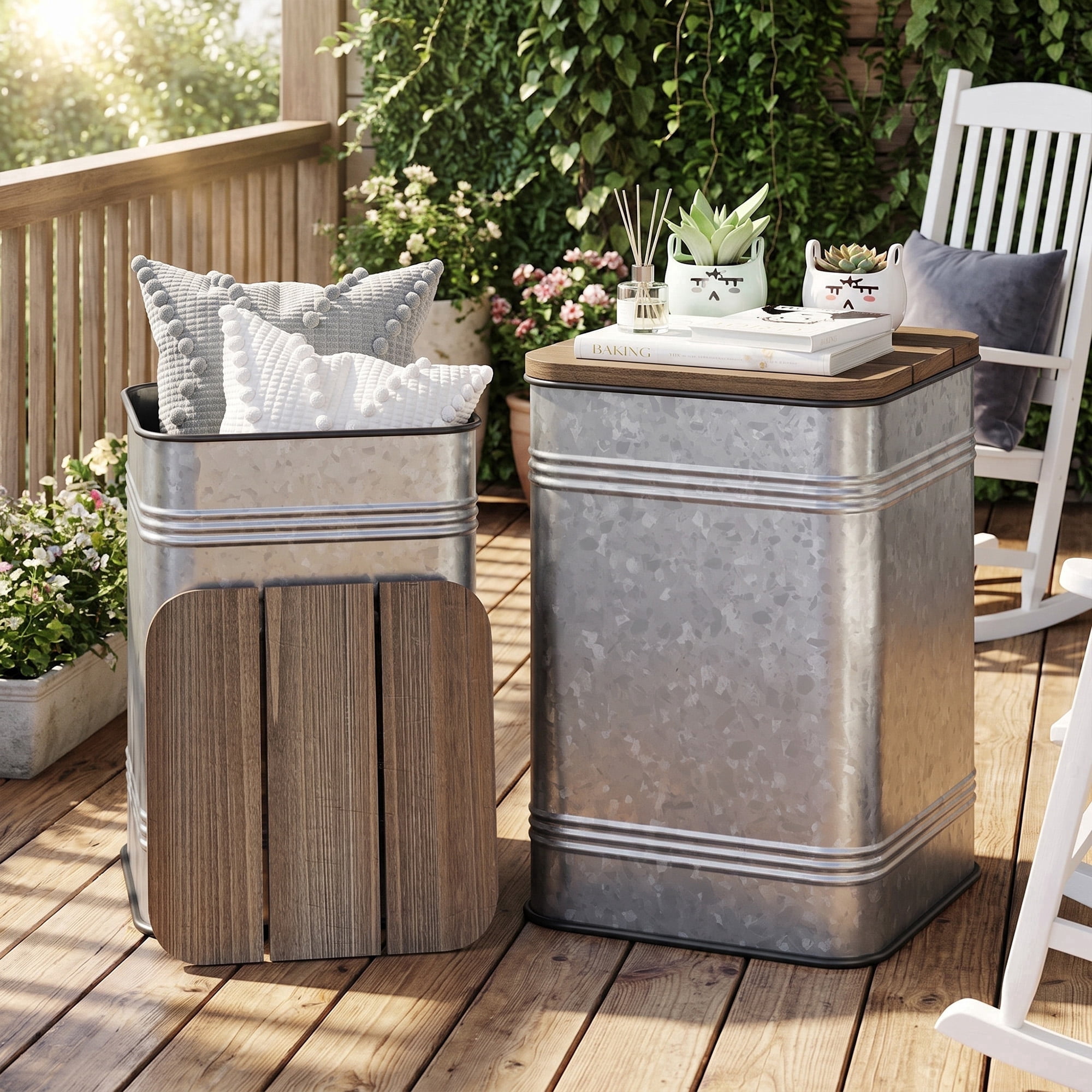Farmhouse Square End Table Set of 2, Galvanized Accent Side Table with Wood Lid for Living Room Outdoor
