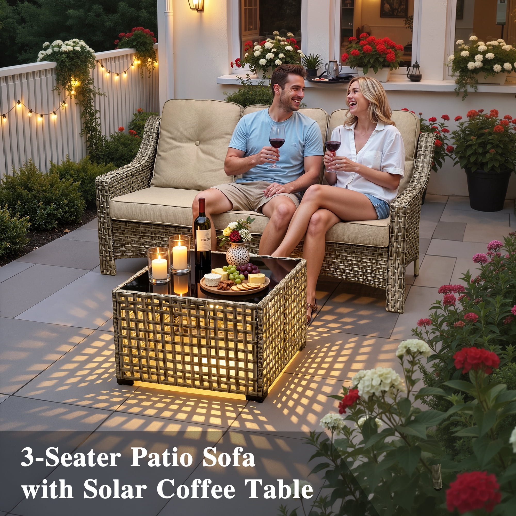 Ovios 5 Pieces Outdoor Patio Furniture Set High-Back Rattan Wicker Conversation Set Outdoor Sectional with Swivel Chairs & Solar Light Coffee Table, Beige