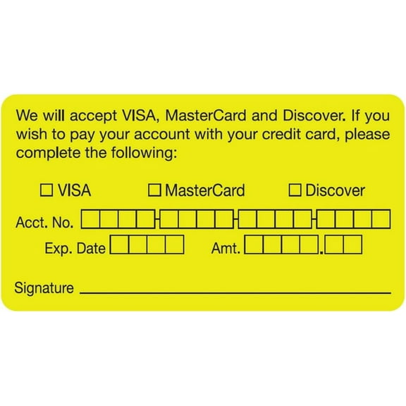 Credit Card Authorization Label for Visa MasterCard Discover, Fluorescent Chartreuse, 3-1/4" x 1-3/4", Permanent Adhesive, 250 Stickers/Box,