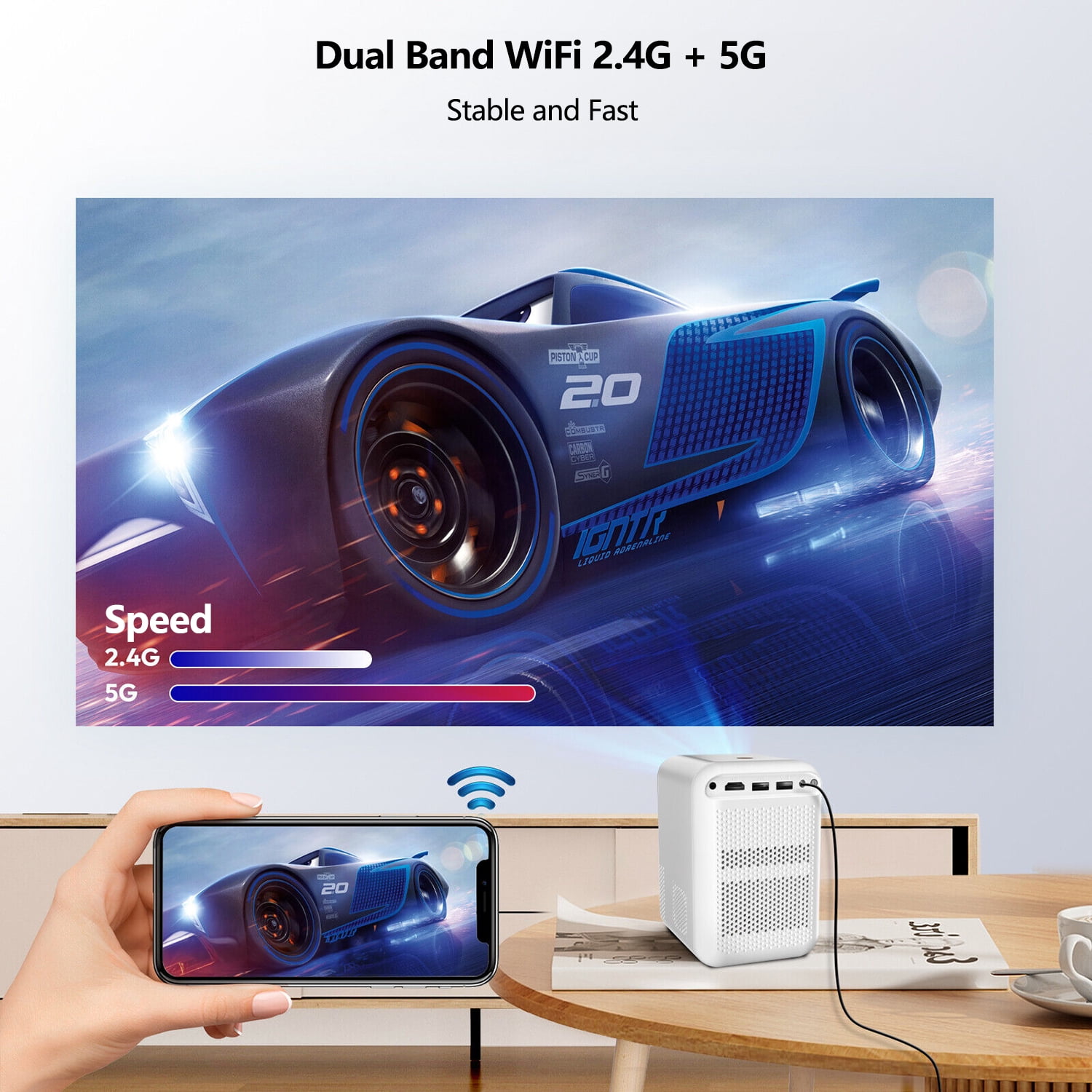 TROISC IOTA, Portable Projector Android TV WiFi 5G 1080P FULL HD 5000 Lumens 120" Home Theater Digital Zoom 4P/4D Keystone Correction Bluetooth