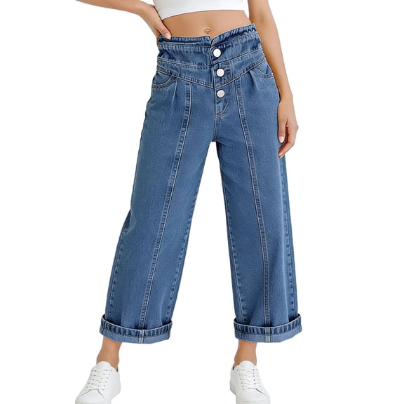 Girl's Denim Pants Trendy Wide Leg Jeans High Waisted Stretchy Loose Cropped Pants with Button Fly