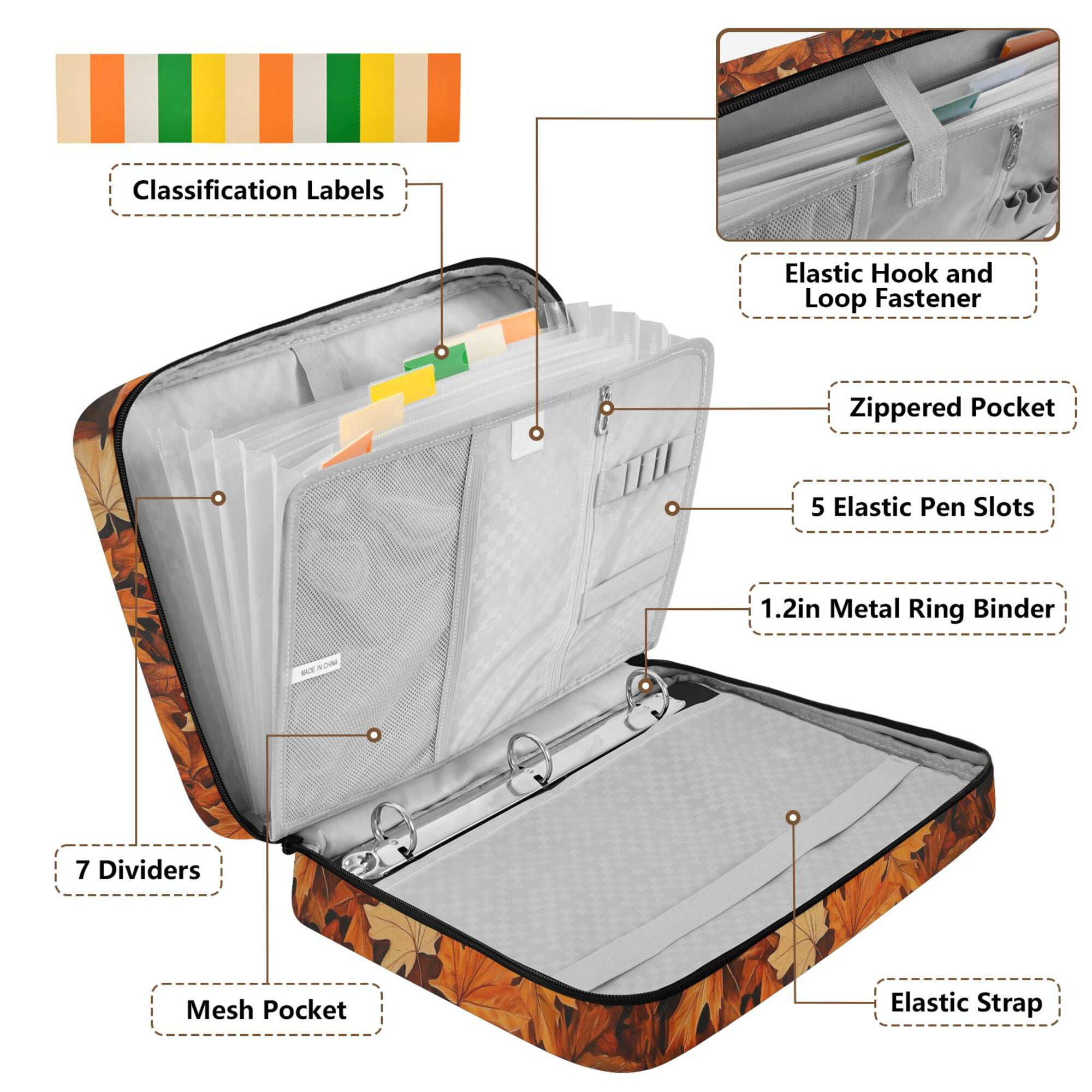 FORMRS Accordion File Folder A4 Size 7-Pocket Expanding Document Organizer Bag with 3 Ring Binder, Fall Pattern