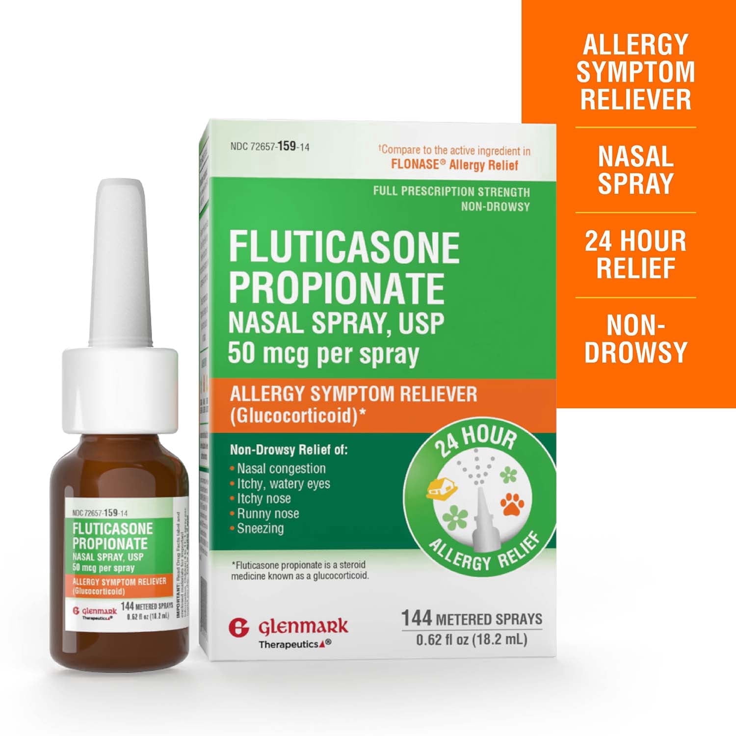 Glenmark Fluticasone Propionate Nasal Spray, USP 50 mcg per spray, 144 Metered Sprays, 24 Hour Allergy Symptom Reliever, Non-Drowsy