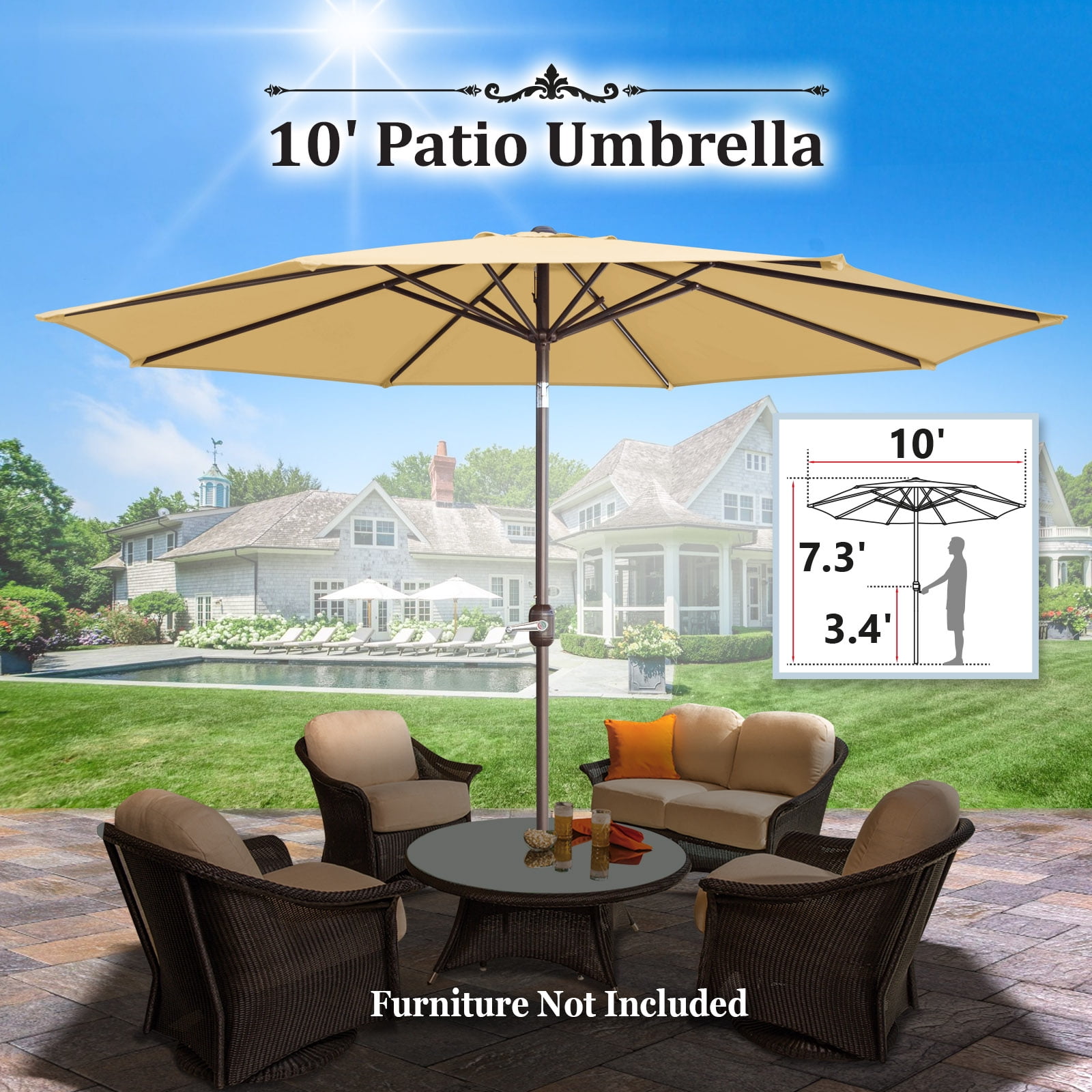Sunrise Outdoor 10' Patio Umbrella 8 ribs with Tilt and Crank Garden Parasol Market Sunshade Umbrella (Beige)