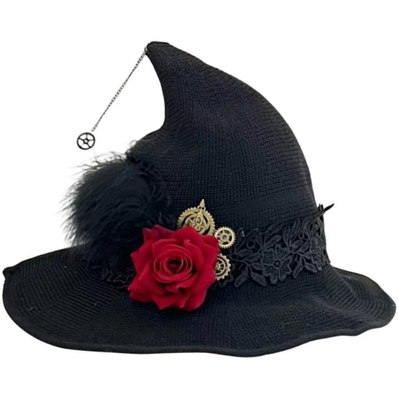 Wiywef Halloween Witch Hat with Rose Gothic Lace Pointed Cap for Women