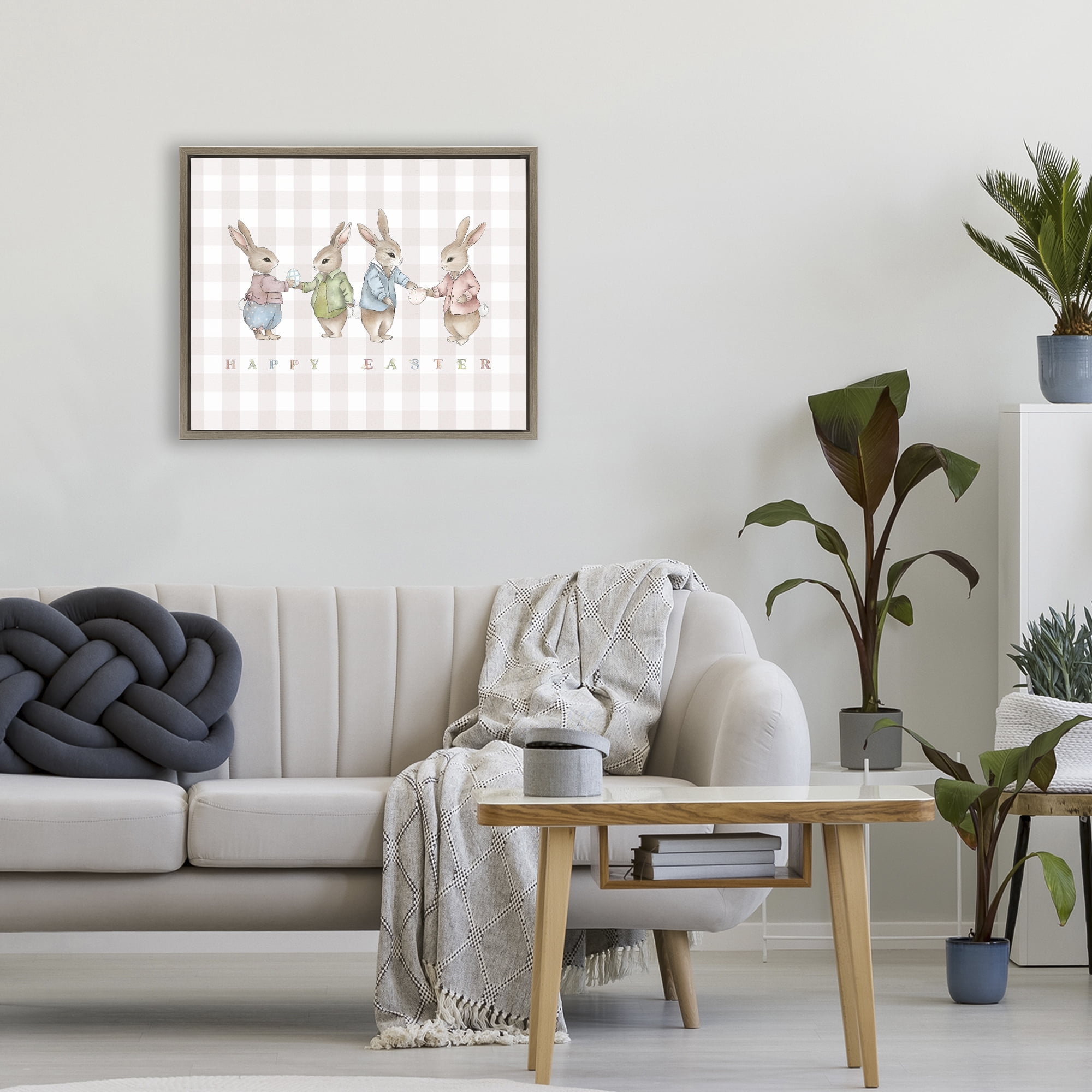 Stupell Industries Easter Bunnies Pink Gingham Brown Framed Floater Canvas Wall Art, design by Leah Straatsma