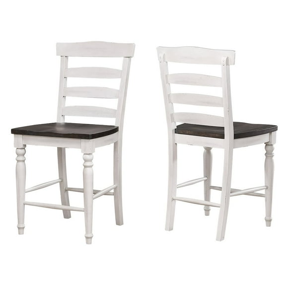French Chic Ladderback Barstools Set of 2 Antique White & Walnut Brown Wood