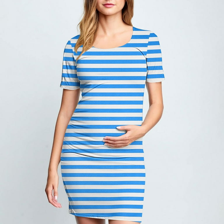 Zwiiyzr 2025 Women's Maternity Dress Striped Slim Short Sleeve Tank Dresses Scoop Neck Pregnancy Bodycon Dress for Casual Wear Blue, Size: Large Zwiiyzr 2025 Women's Maternity Dress Striped Slim Short Sleeve Tank Dresses Scoop Neck Pregnancy Bodycon Dress for Casual Wear Blue, Size: Large