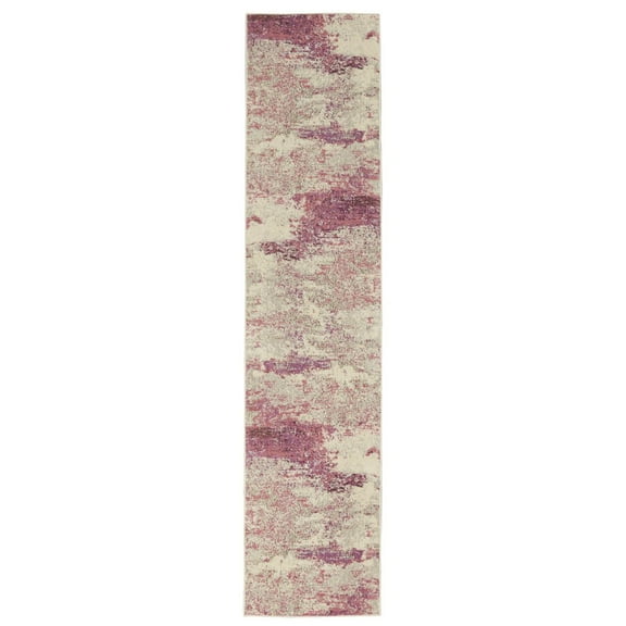 2' X 8' Ivory And Pink Abstract Power Loom Non Skid Runner Rug