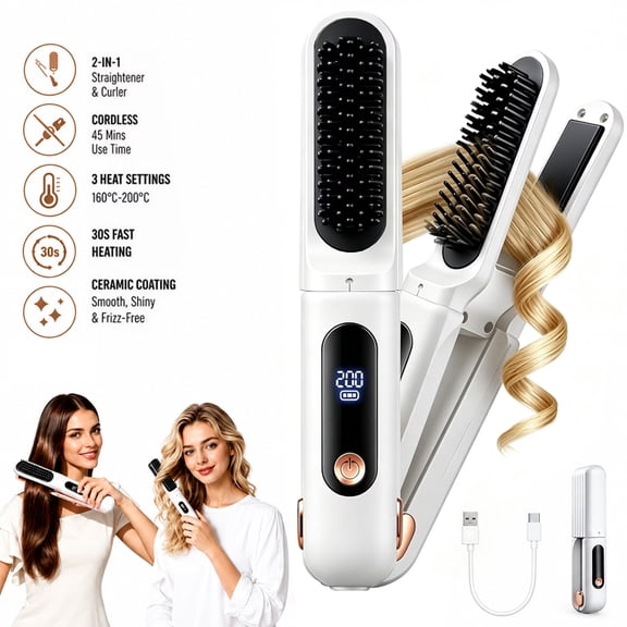 Cordless Hair Straightener, 2 in 1 Curling Iron Brush with 3 Temperature Settings, Portable Travel Styling Tool for Men and Women, White