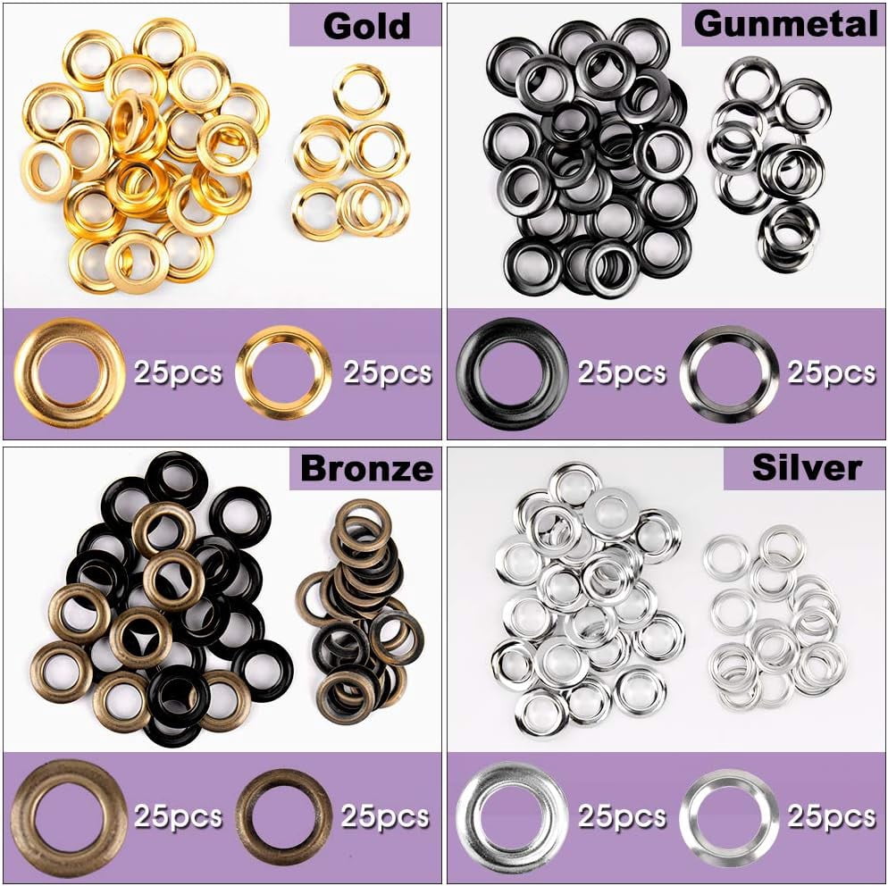 ABCISI 1/2inch Grommet Kit, 100 Sets Grommets Eyelets with 3 Pieces Install Tool Kit, 4 Colors Grommets Kit with Storage Box for Craft Making, Repair and Decoration