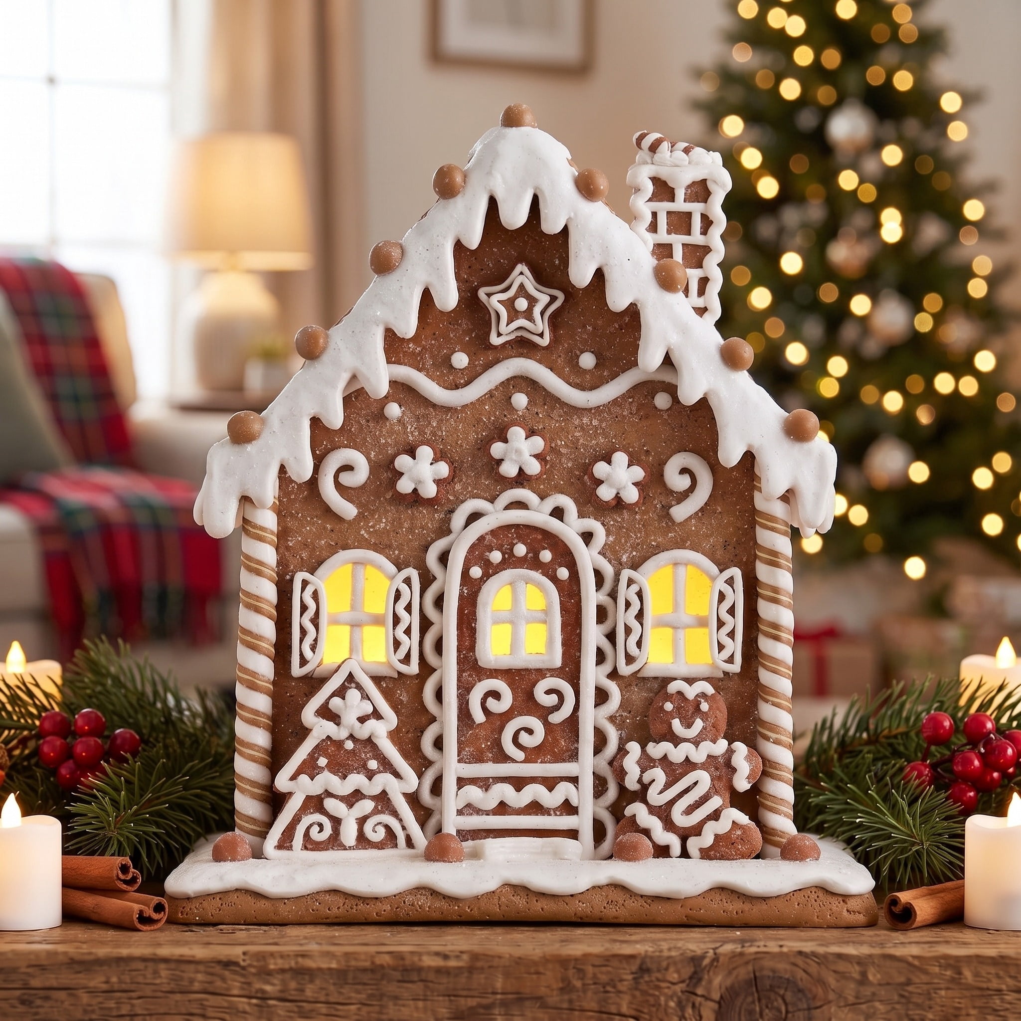 Light-Up Clay Dough Gingerbread Village House Christmas Decoration, Brown and White, 9", by Holiday Time