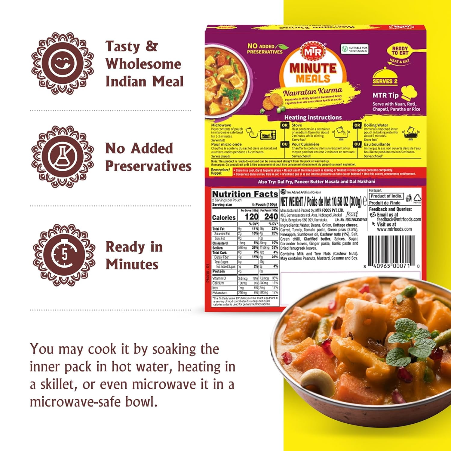 MTR Navratan Kurma - Vegetables in Mildly Spiced & Sweetened Gravy - Tasty Indian Meal with No Added Preservatives - Suitable for Vegetarians, Ready in Minutes! (300g, Pack of 6)