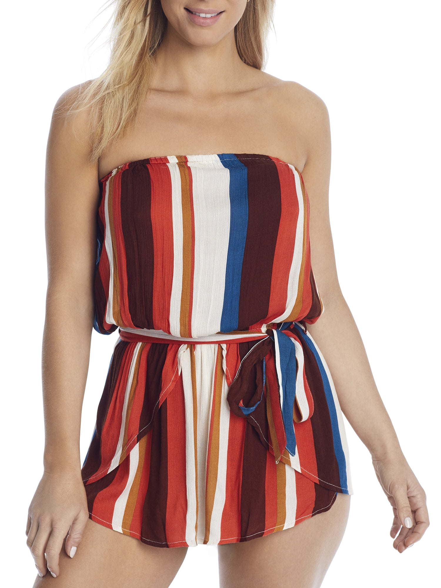 Elan Womens Strapless Stripe Drawstring 