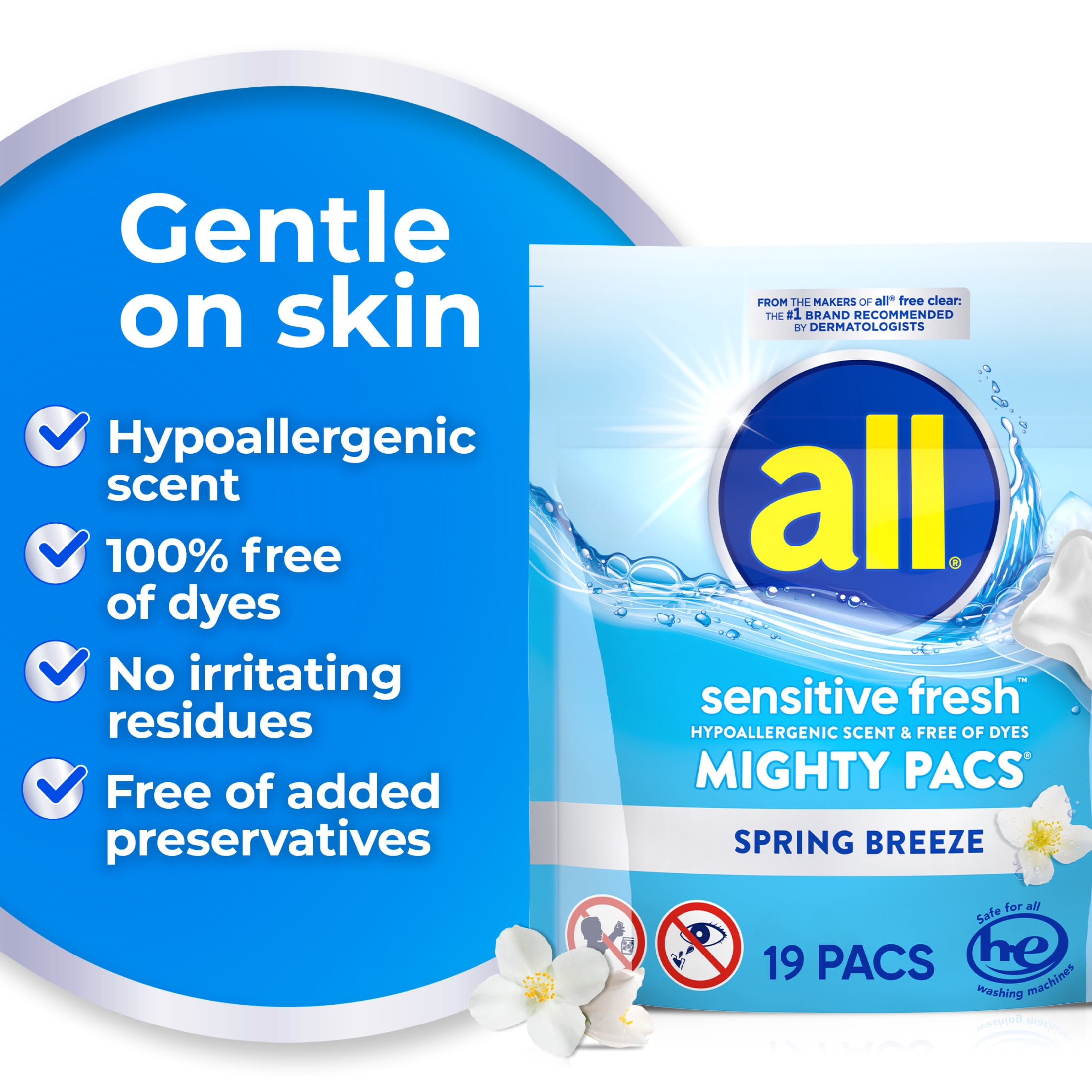 (6 pack) all sensitive fresh MIGHTY PACS Spring Breeze Scented Laundry Detergent, 19 Count