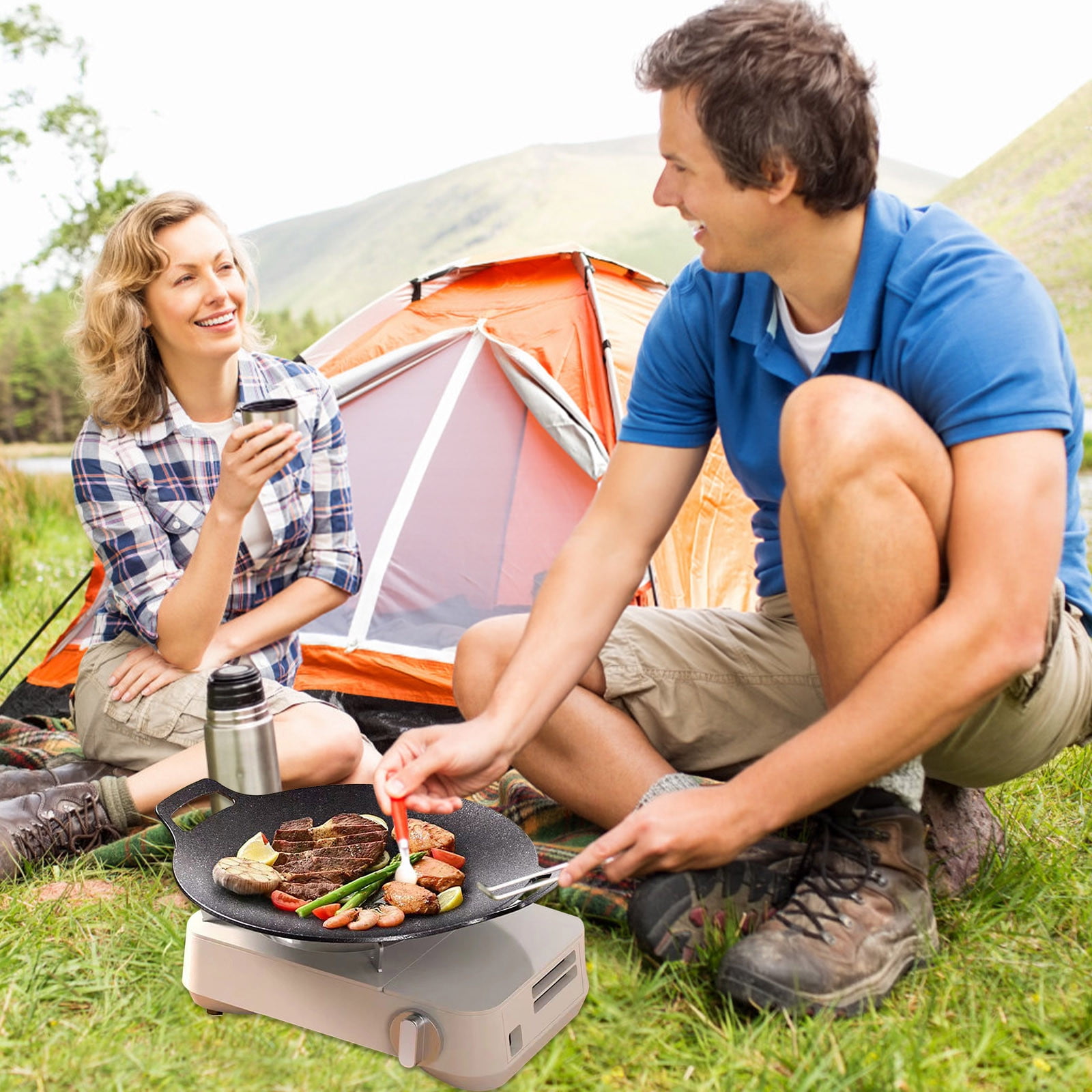 Vikakiooze Heavy Duty Bbq Accessories, Circular Iron Plate Roast Shrimp Smooth Non Stick Roast Plate Iron Plate Roast Outdoor Picnic Portable Barbecue Plate Cassette Stove Universal