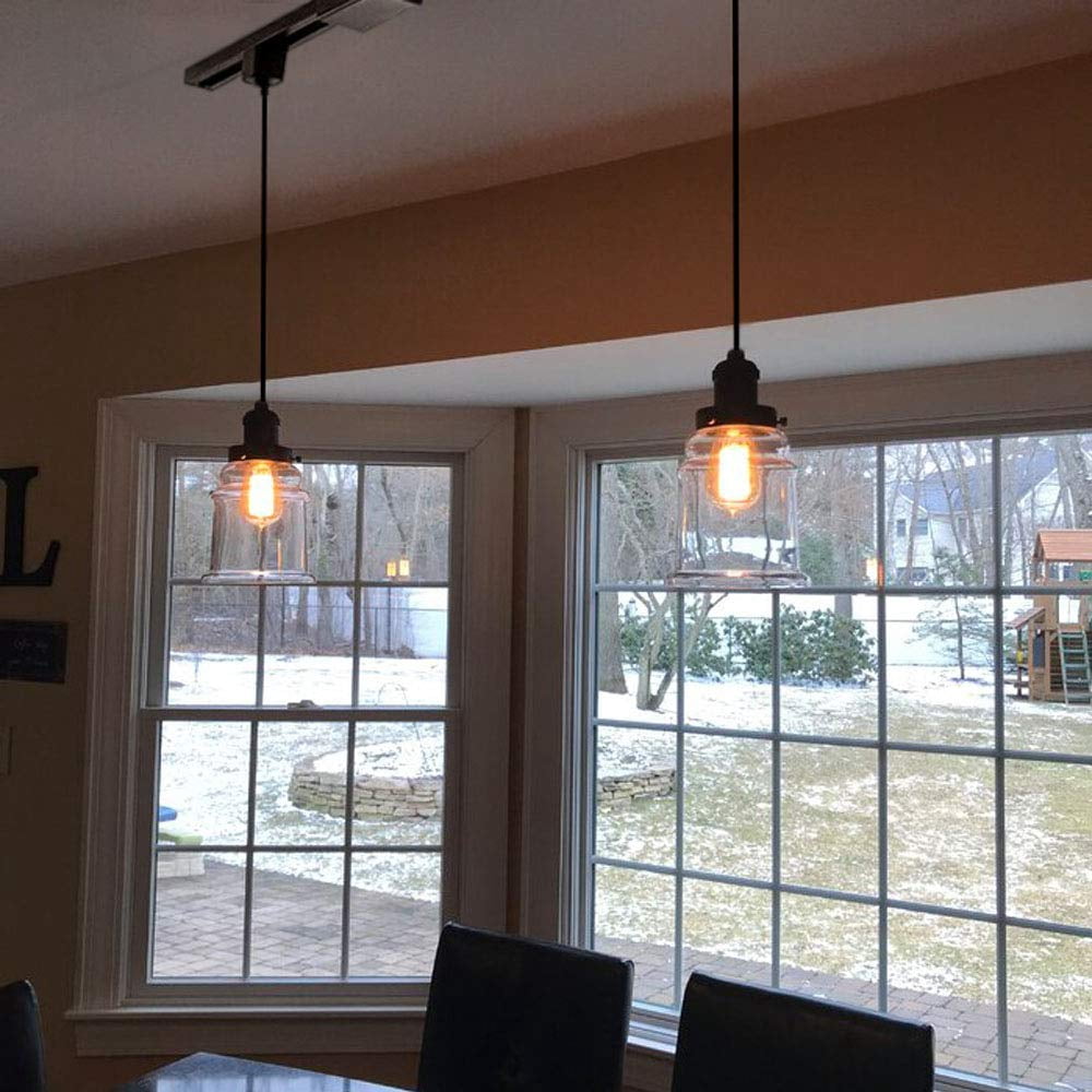 Kiven H-Type Track Lighting Industrial Kitchen Pendant Light Antique Brass Hanging Fixture with Glass Shade - 3 Pack