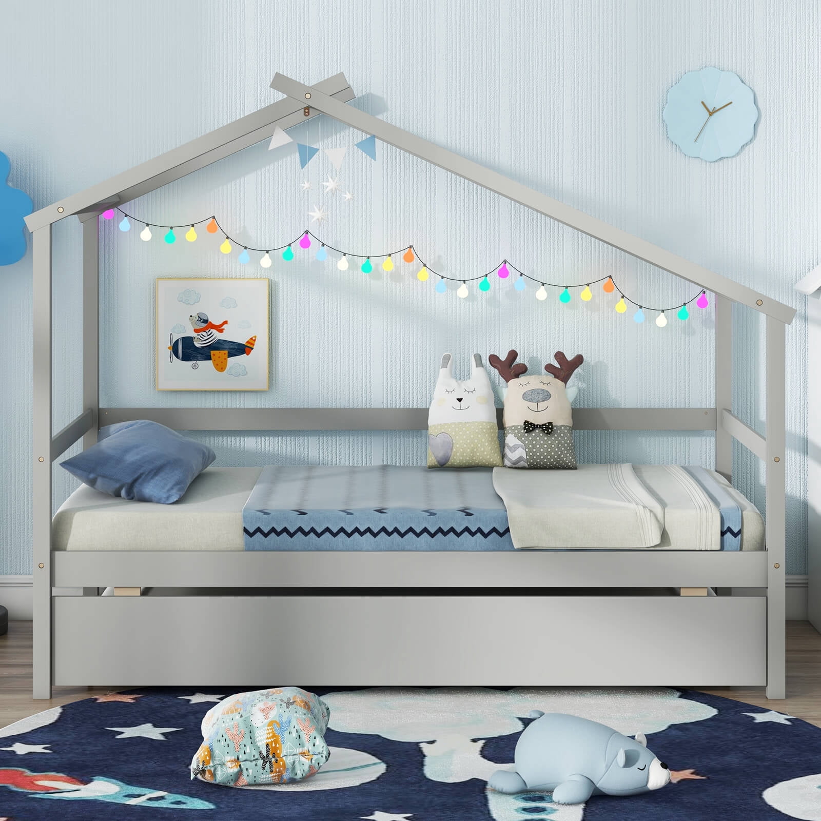 Infans Twin House Bed with Trundle with Roof and Fence Rails Wooden Platform Bed Frame