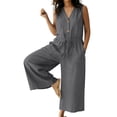 thumbnail image 1 of Women's Summer Cotton Linen Jumpsuits Loose V Neck Button Down Drawstring Wide Leg Pants Rompers Overall with Pockets, 1 of 3