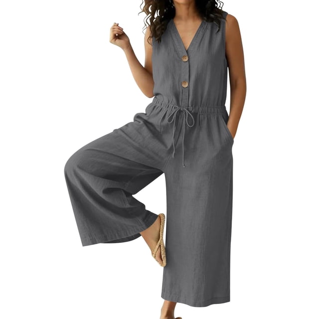 Women's Summer Cotton Linen Jumpsuits Loose V Neck Button Down Drawstring Wide Leg Pants Rompers Overall with Pockets