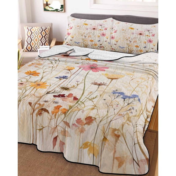Spring Floral Queen Size Down Alternative Comforter, Lightweight Comforter Quilt Bedding Set with Pillow Shams Pastoral Botanical Summer Flowers Vintage All Seasons Bed Comforter Duvet Insert 90"x96"