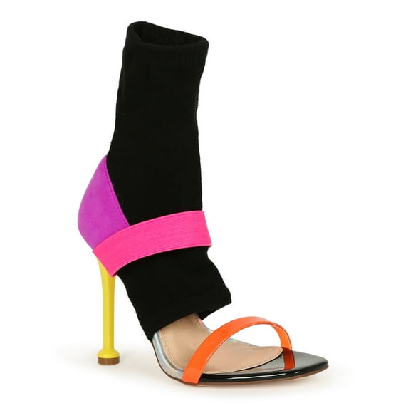 Women Color Blocking Open Toe Sock Stiletto Heel Sandal Bootie 19517