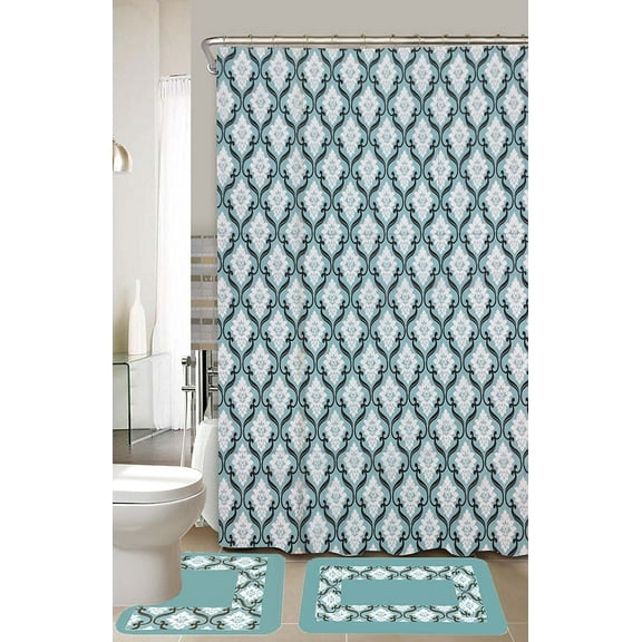 Elaine Turquoise & Black15-Piece Bathroom Accessory Set 2 Bath Mats Shower Curtain & Rings