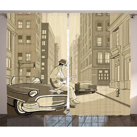 New Bedroom Hand Drawn Curtains 2 Panels Set, Illustration of a Guitarist in an Old Street of New York Buildings Music Cityscape , Living Room Bedroom Decor, Beige, by Ambesonne ()