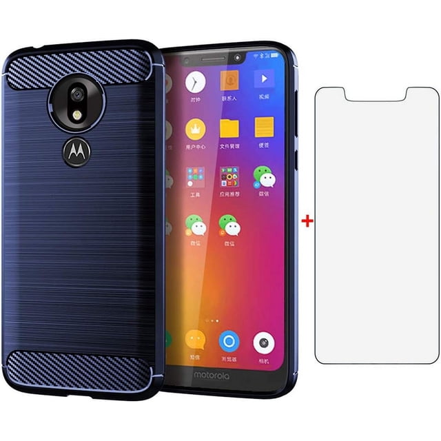 Phone Case for Motorola Moto G7 Play Optimo with Tempered Glass Screen Protector Cover Slim Rubber Protective Cell Accessories 7th Gen Generation Motog7play Motorcycle G7play G7optimo 2019 Cases Blue