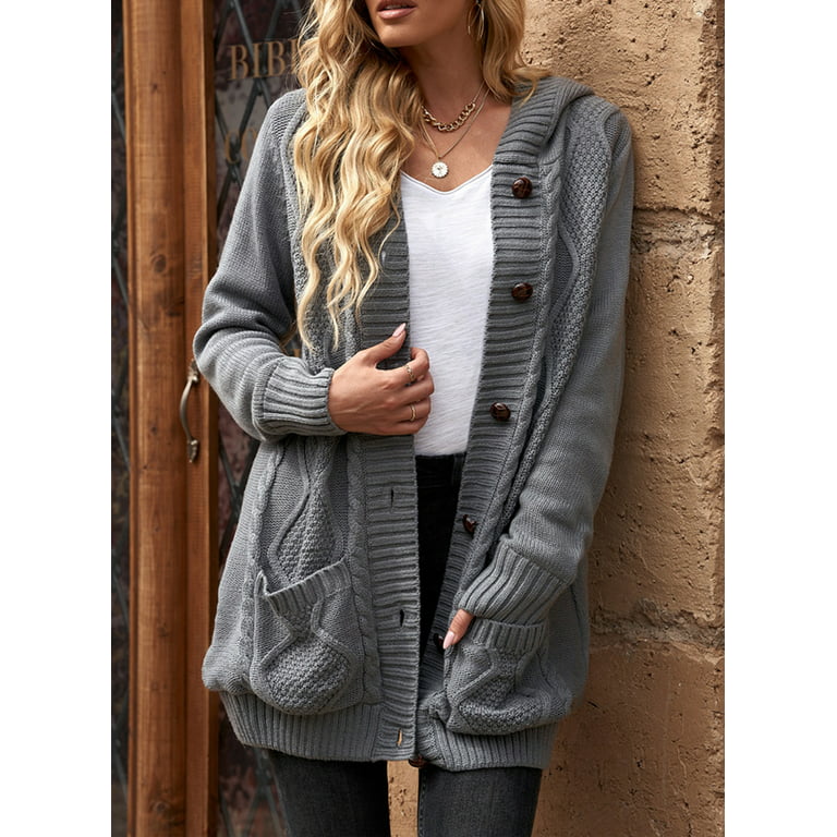 Eytino Cardigan Sweaters for Women Open Front Long Sleeve Button Down  Hooded Knit Cardigan with Pocketed 2XL Gray Female 