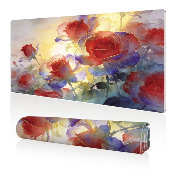 LIVEKEY Mouse Pad 80x40cm Extra Large Non Slip Stitched Durable Easy Clean Watercolor Red Roses Gold Foil Pattern for Gaming Office