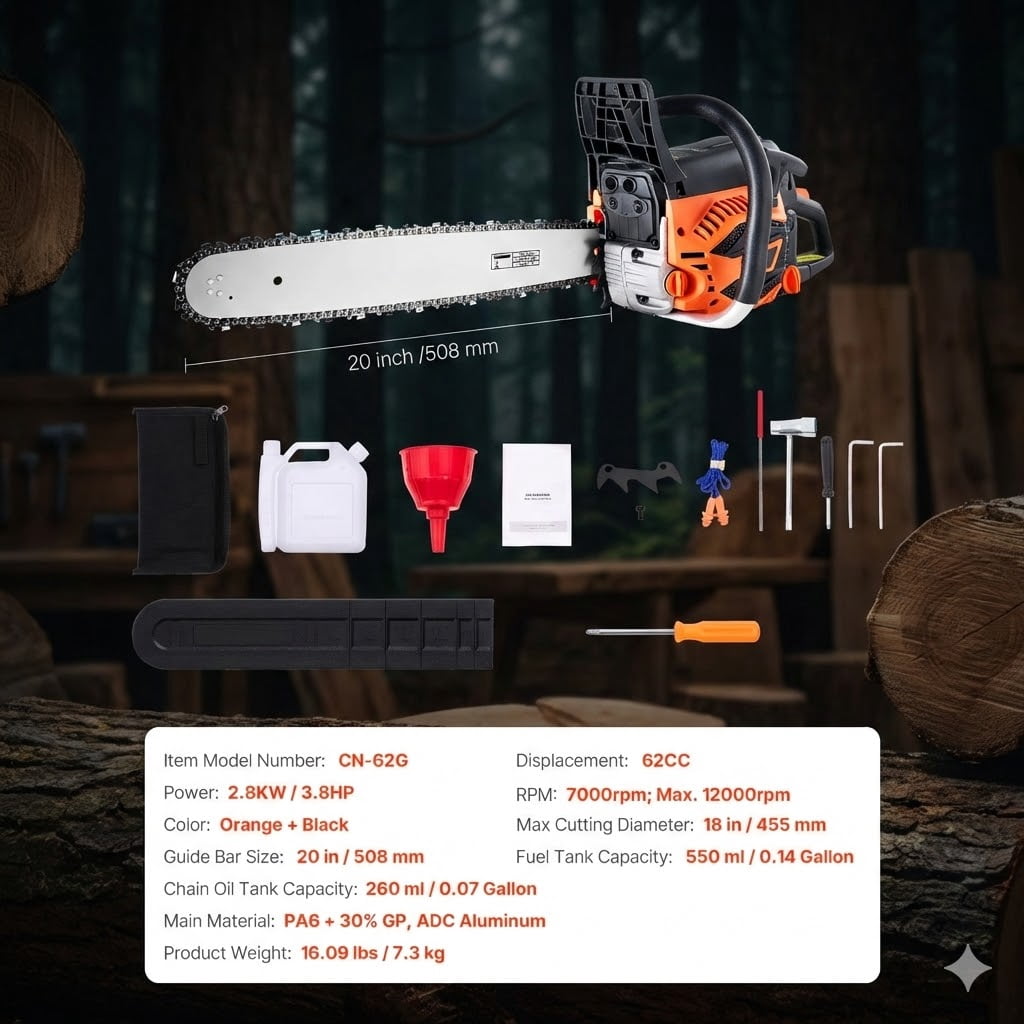 62 cc Gas Chainsaw, 20 inch Gas Powered Chainsaw, 3.8 HP Power Chain Saw with Non-Slip Handle, Gas-Powered Chainsaws with Dual Fuel Tanks, For Wood Cutting, Tree Trimming, and Land Clearing