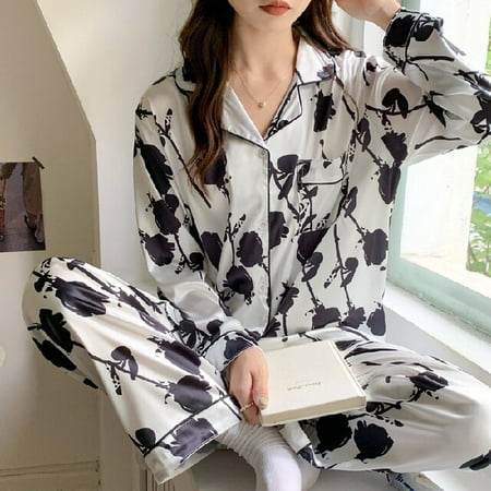 

PIKADINGNIS Long Sleeve Silk Pajamas Spring Autumn Women Pajama Sets Print Satin Sleepwear Luxurious Pyjamas Green Stripes Nightwear