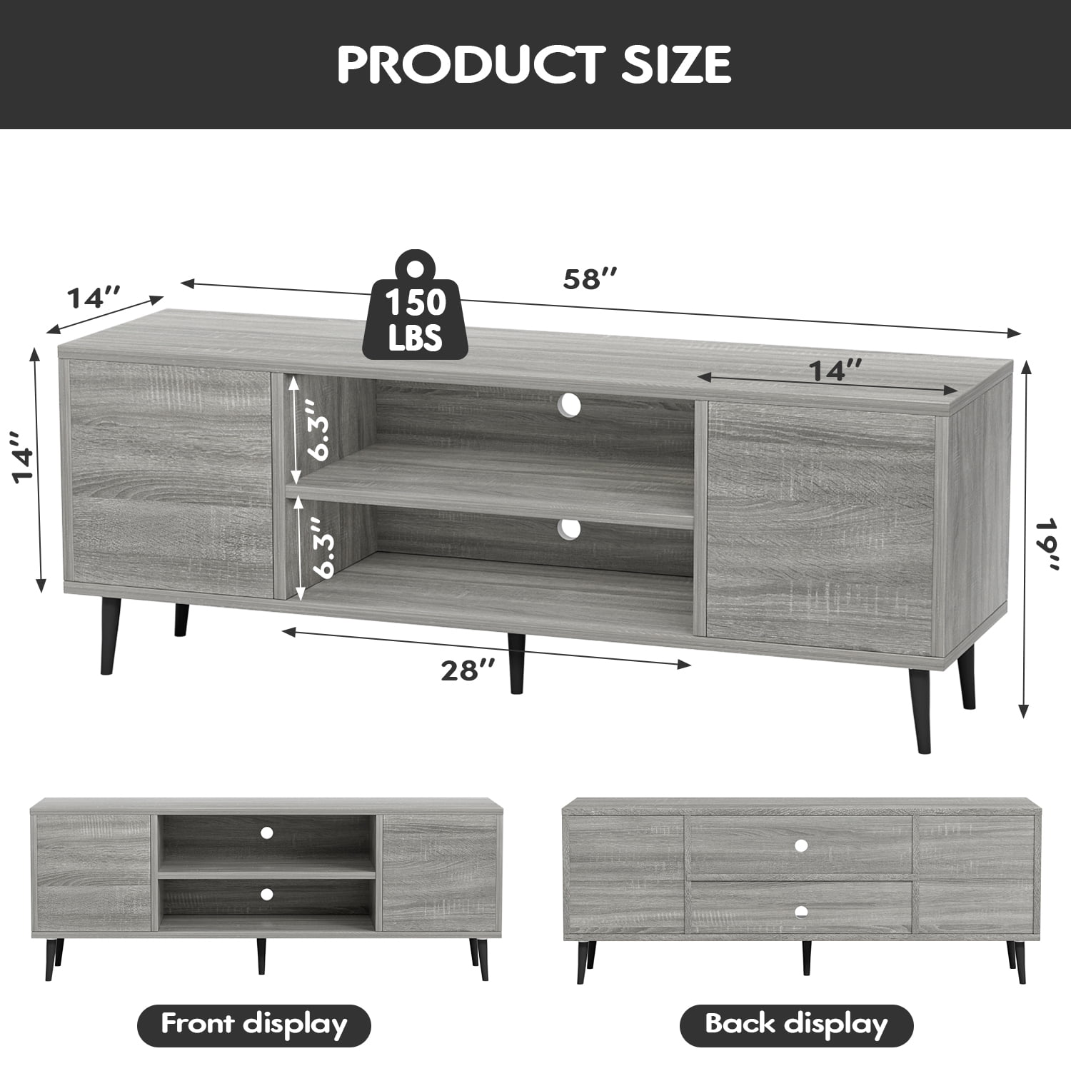 Furmax Mid-Century 2-Door TV Stand for TVs up to 65", Gray