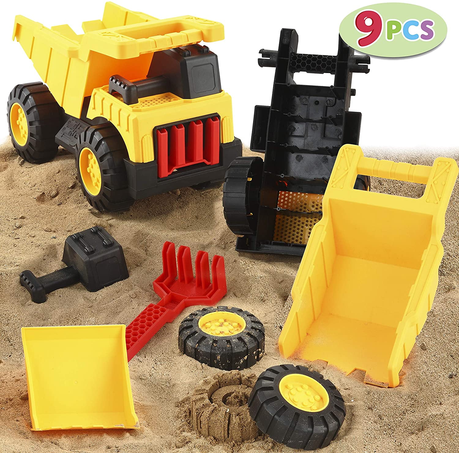 JoyX 9 PCS Take Apart Assemble Construction Truck Beach Sand Toy Set, for Kids Outdoor Play