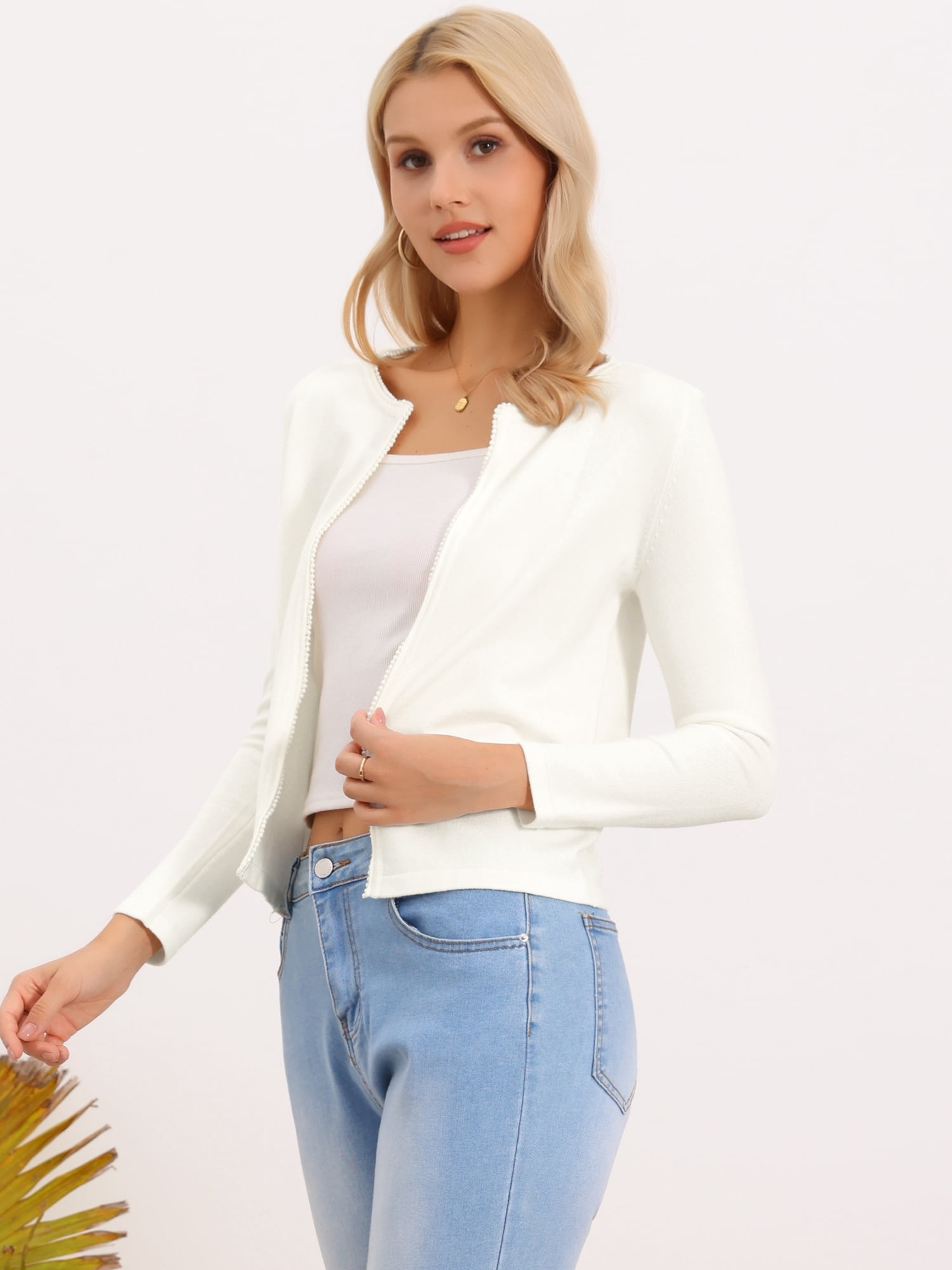 DARING DIVA Women's Elegant Long Sleeve Pearls Trim Open Front Bolero Shrug XS White
