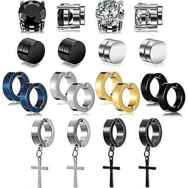 10 pares de aretes magnéticos para hombre, aretes magnéticos de acero inoxidable, aretes de aro con forma de cruz sin perforar, aretes unisex con clip y circonita cúbica.