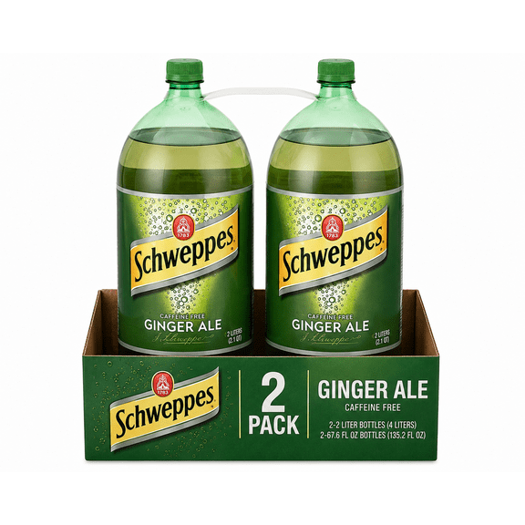 Schweppes Ginger Ale Soft Drink, Caffeine Free Ginger Flavored Carbonated Beverage, Crisp and Refreshing Soda, Family Size 2 Liter Bottles, 2 Pack