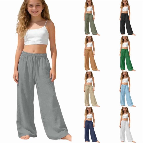 RTKFRFLM Girls Solid Casual Pants Soft Cotton Lounge Trousers with Comfortable Elastic Waistband for Kids Big Girls Size 4-15 Years