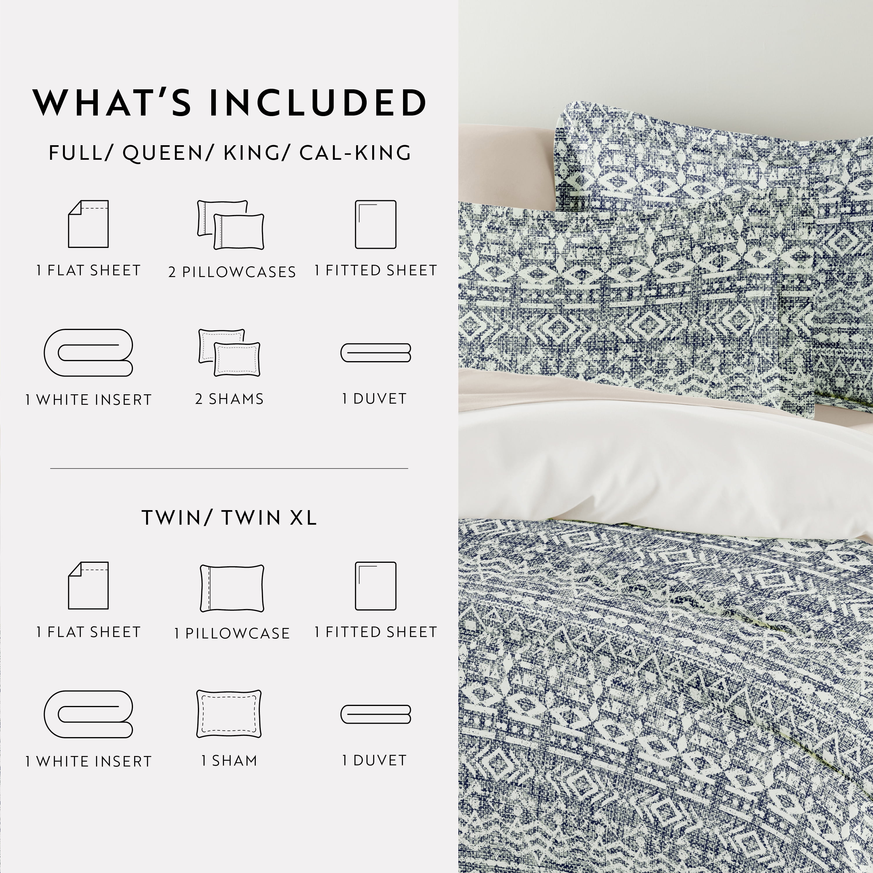 Noble Linens 8 Piece Patterned Duvet Bedding Bundle, Modern Rustic Navy, Cal King