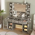 thumbnail image 4 of Makeup Vanity Desk with Mirror and Lights, Grey Vanity with Glass Top, LED Lights & Power Outlet, 3 Drawers & 2 RGB Glass Cabinets, Adjustable Lighted Dressing Table for Women & Girls Bedroom, 4 of 9
