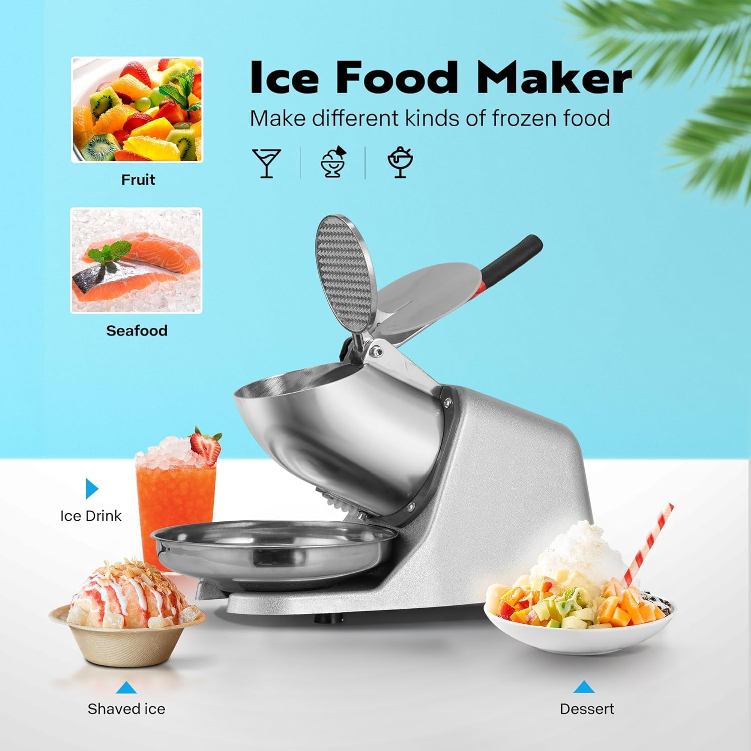SPECSTAR Electric Dual Blades Ice Crusher Shaver Snow Cone Maker Machine Silver 173lbs/hr with Ice Pick for Home and Commercial Use