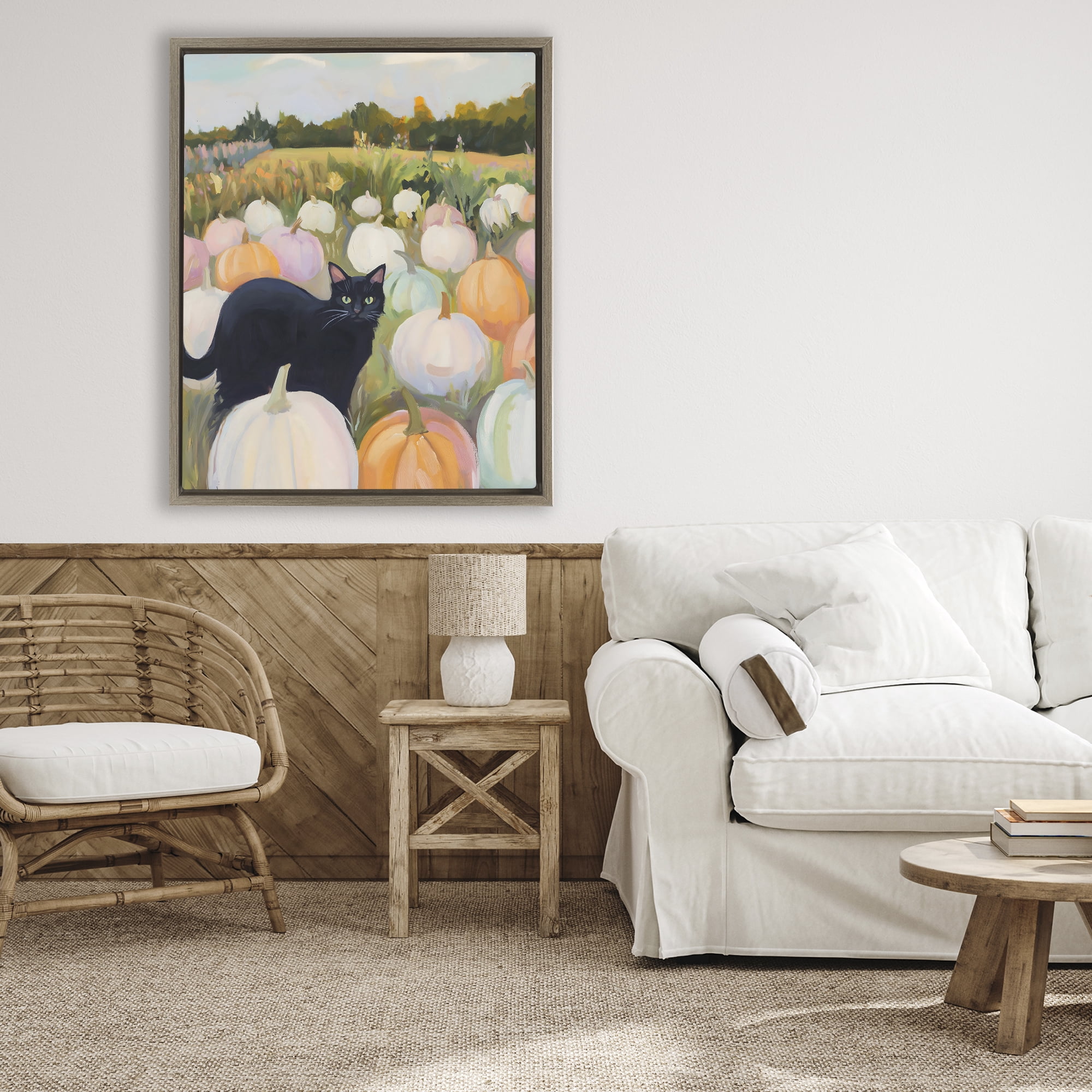 Stupell Industries Kitten & Pumpkins in Field Brown Framed Floater Canvas Wall Art, design by The Prints Vibe