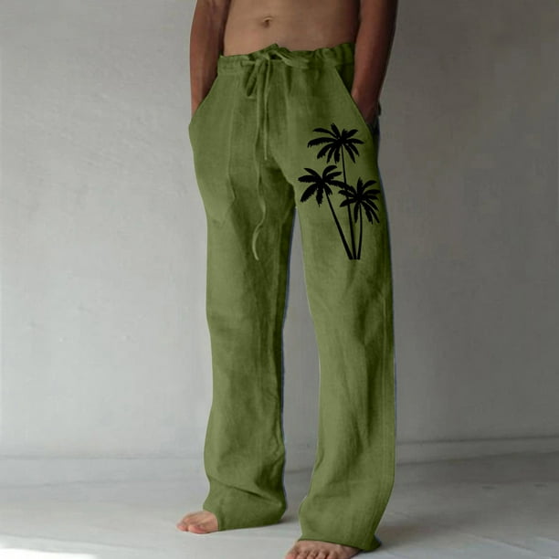 Pantalones largos de lino para hombre, pantalones holgados de playa con estampado hawaiano, cintura elástica y cordón ajustable, estampado en caliente.