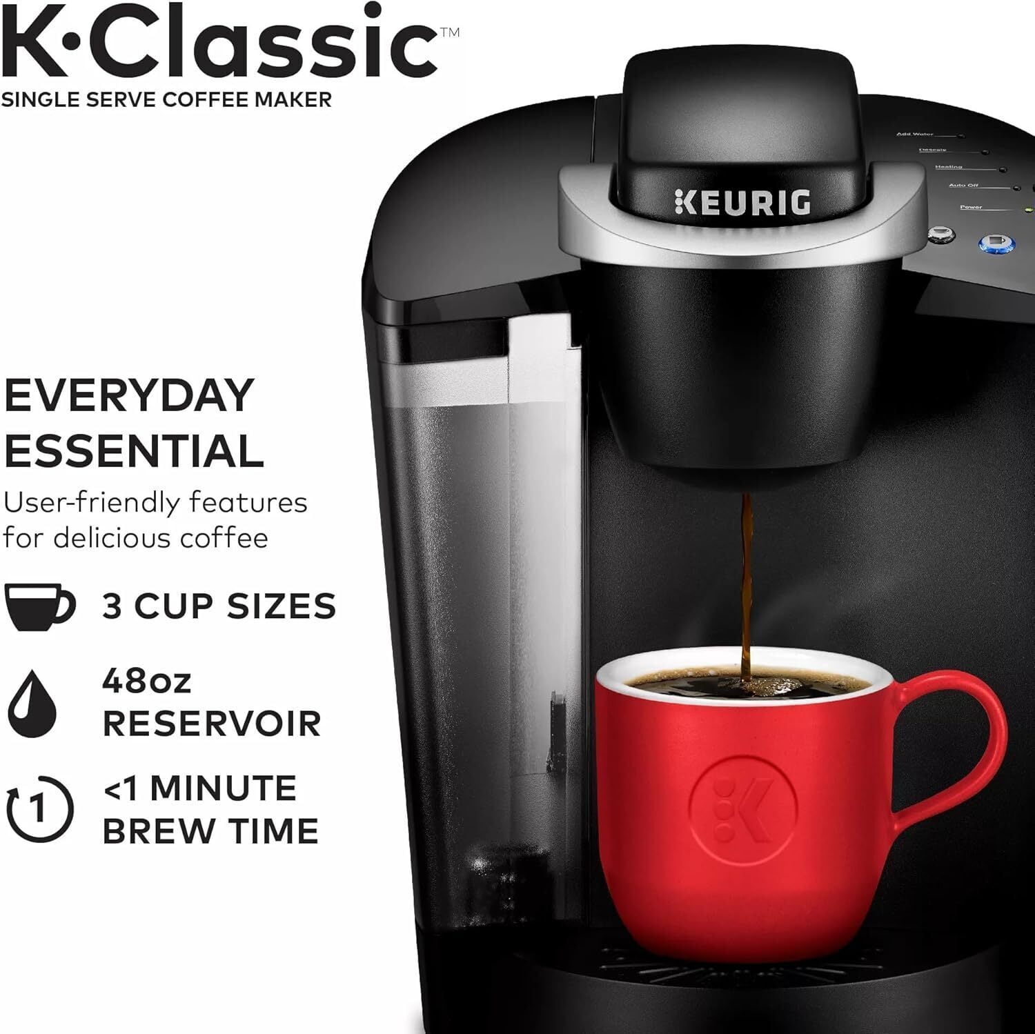 Keurig K-Classic Single Serve K-Cup Coffee Maker with 3 Brew Sizes & 48oz Removable Reservoir (Black)