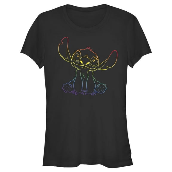 Junior's Lilo & Stitch Sitting Cute with Rainbow Pride Graphic Tee Black X Large