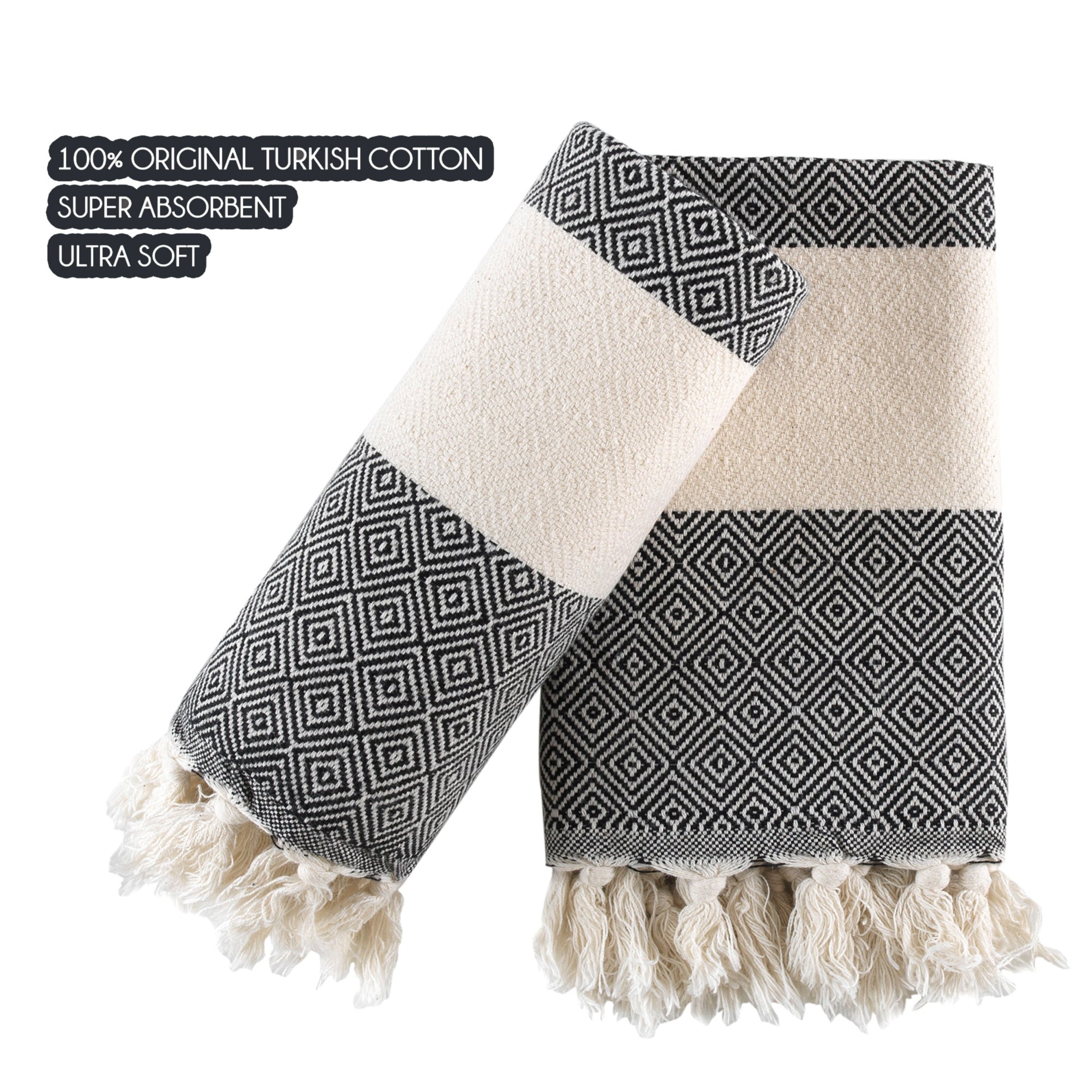 Wear Sierra Turkish Cotton Hand Towels, Soft & Absorbent, Black, Set of 2, 19x39 Inches